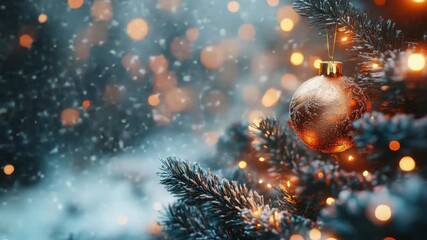 Christmas ornament pine branch snowflake winter holiday decoration festive lights bokeh cold weather celebration seasonal glowing snowy pine tree branch with falling snow creating warm festive - Powered by Adobe