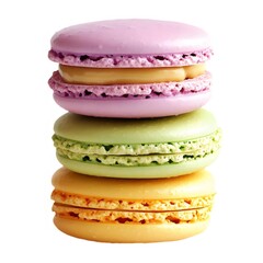 カラフルなマカロン三段重ね 鮮やかなピンク グリーン イエローと白背景