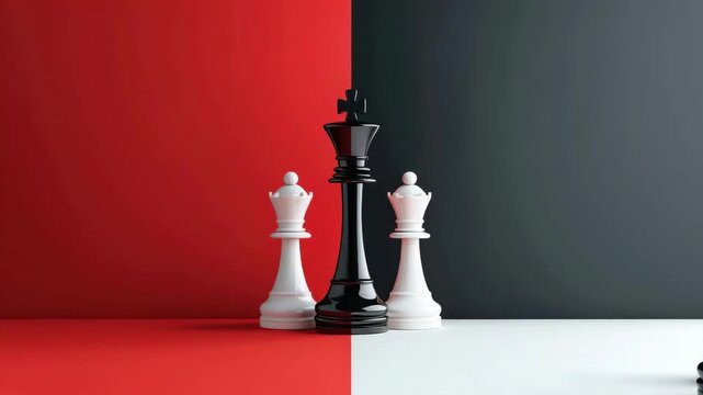 Black king chess piece standing between two white queen chess pieces red and black split background symbolizing strategy and competition game board piece chess king queen black white strategy
