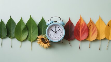 Photo of alarm clock and colorful leaves laid out in a line showing the progression of seasons and the concept of time