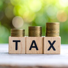 Wooden blocks spelling "TAX" with increasing stacks of coins