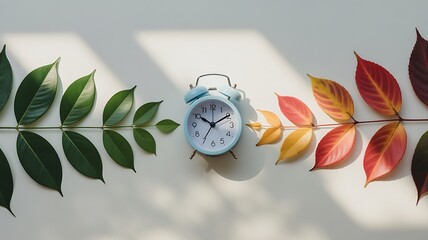 Photo of alarm clock symbolizing the passage of time and seasons, with leaves changing color from green to red on a white background