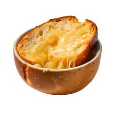Melted Cheese on Toasted Bread in Wooden Bowl on a Transparent Background