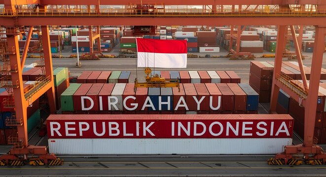 Indonesian Independence Day celebration at a busy shipping port with a large flag and typography on cargo containers - Powered by Adobe