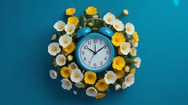 Photo of a vintage blue alarm clock surrounded by a vibrant circle of yellow and white flowers and green leaves on a blue background - Powered by Adobe