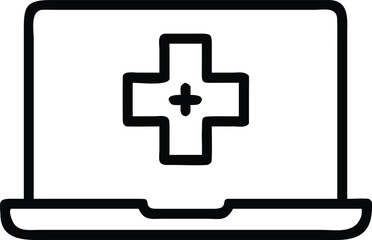 Obraz premium Thin line telehealth laptop screen with cross icon silhouette isolated on white background