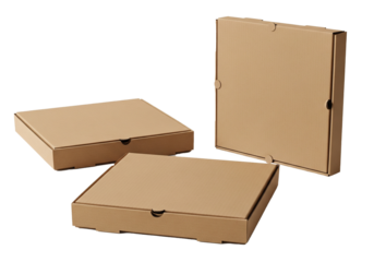Set of three closed cardboard pizza boxes in top, side, and front view on Transparent background

