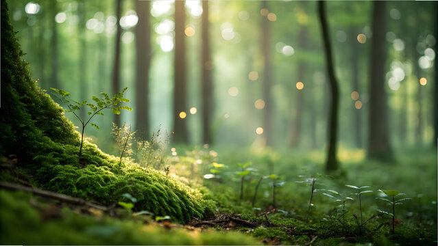 Enchanted forest floor awakening in springtime bathed in dappled sunlight with bokeh light and moss