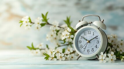 Naklejka premium Photo of vintage alarm clock with delicate white spring blossoms on a wooden surface, symbolizing the passage of time and renewal