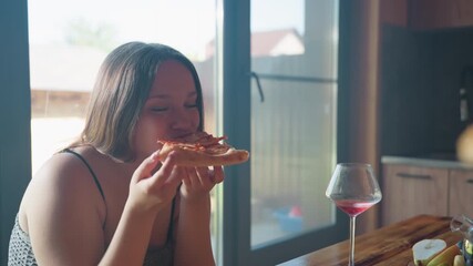 Elegant woman enjoying a slice of pizza with a glass of wine on a rustic table, captured in warm light, sharing good food with a friend in a cozy kitchen setting - Powered by Adobe