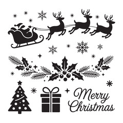 Black Silhouette Christmas Icon Collection – Santa, Reindeer, Snowman, Trees, Gifts, and Festive Holiday Symbols