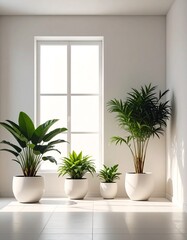 Sunlit room corner with four potted plants of varying sizes, arranged near a bright window