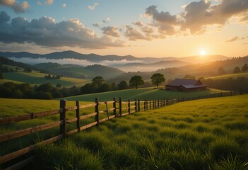 Obraz premium sunset over rolling green hills with farm fence and distant mountains in peaceful countryside
