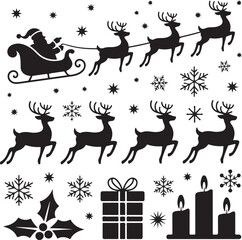 Black Silhouette Christmas Icon Collection – Santa, Reindeer, Snowman, Trees, Gifts, and Festive Holiday Symbols