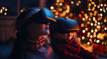A young Caucasian girl and a child wearing virtual reality headsets sit together. They are in a cozy room decorated for Christmas with a glowing tree in the background.