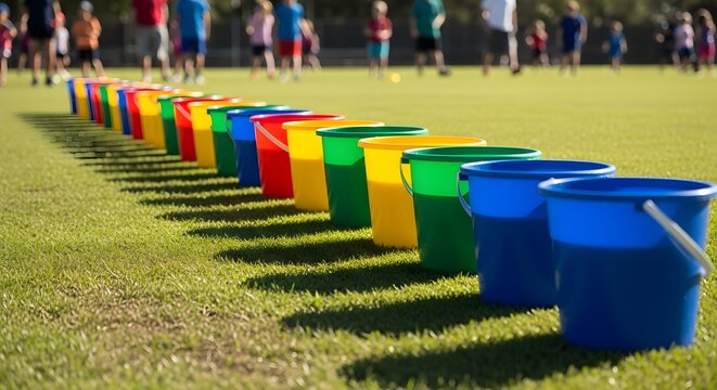 Colorful buckets lined up on grass field for fun games or outdoor activities on a sunny day
