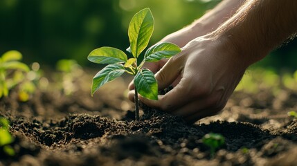 Fototapeta premium Planting a young sapling in fertile soil during a sunny afternoon to promote sustainable growth and environmental care