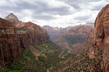 View of valley in Zion National Park during the summer. Utah, USA.	