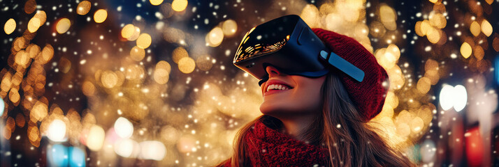 Winter-clad woman experiencing festive magic, wearing virtual reality headset amid glowing Christmas lights in snowy landscape, blending technology with seasonal wonder