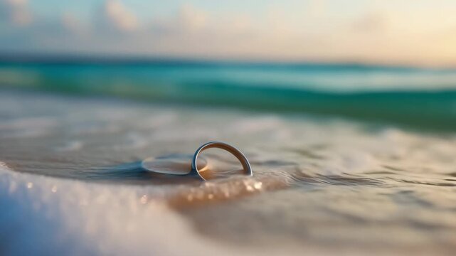 Close up of two wedding rings on a sandy beach with ocean waves in the background at sunset light