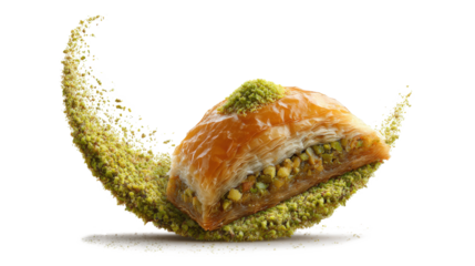 Eastern dessert baklava and Turkish delight in the shape of a crescent moon isolated on a white background. Creative layout. Ramadan