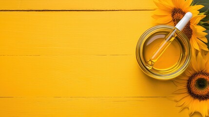 Gluten free baking ingredients, A vibrant image featuring a glass dropper bottle of oil surrounded by sunflowers on a bright yellow wooden surface.