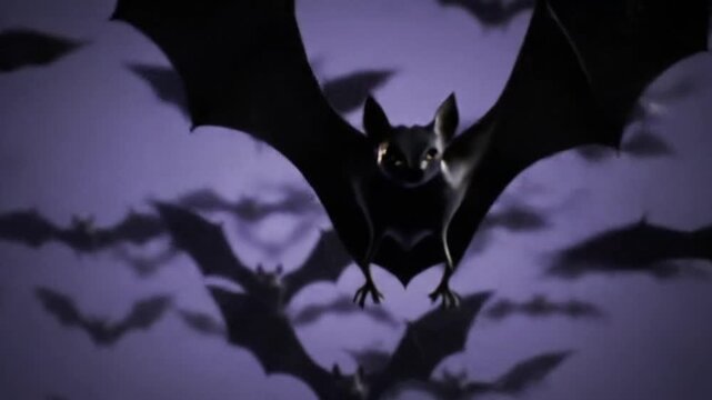 Many black flying bats are flying against a purple background. Halloween theme.