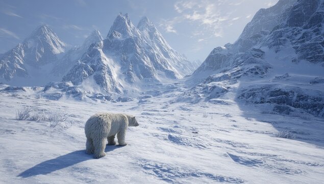 A lone polar bear stands on a vast, snow-covered plain, gazing towards a majestic, snow-capped mountain range under a bright, clear sky