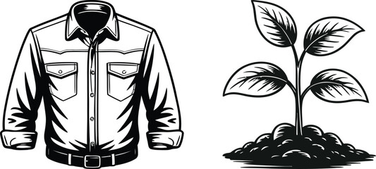 Illustration of a denim shirt and a plant growing from soil