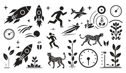 A vector icon set for design with a collection of black sport silhouettes and globe illustrations