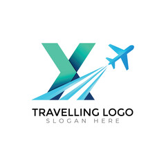 Modern Travel Agency  Letter Logo with Airplane and Sunset Design