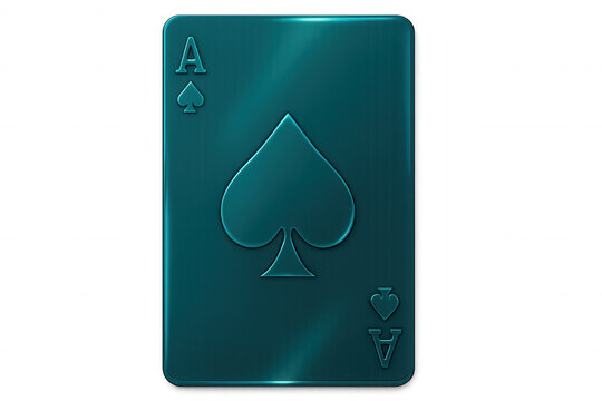 Metallic teal green ace of spades playing card, resting on transparent background, highlighting card gaming elements