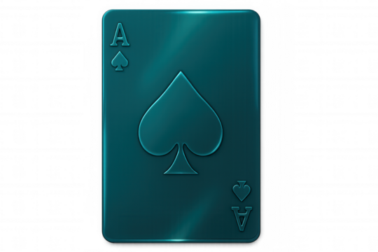 Metallic teal green ace of spades playing card, resting on transparent background, highlighting card gaming elements