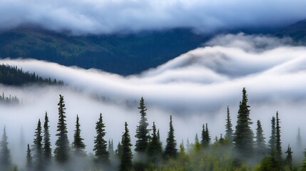 Foggy mountain landscape with low clouds drifting among tall pine trees the visibility limited as mist cloaks the entire scene The atmosphere is mysterious and serene creating a sense of calm