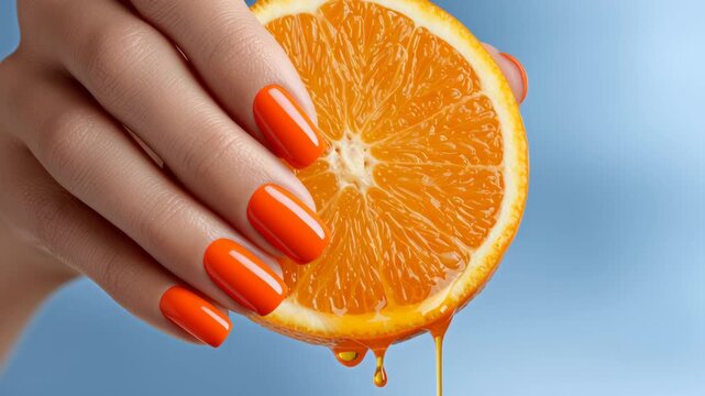 Hand with vibrant orange nails gently squeezing a fresh orange, showcasing the juicy fruit as droplets of juice cascade down, capturing the essence of freshness and vitality in a vibrant scene