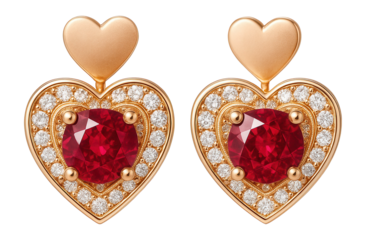 Heart-shaped stud earrings with ruby accents