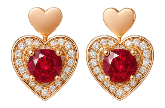 Heart-shaped stud earrings with ruby accents