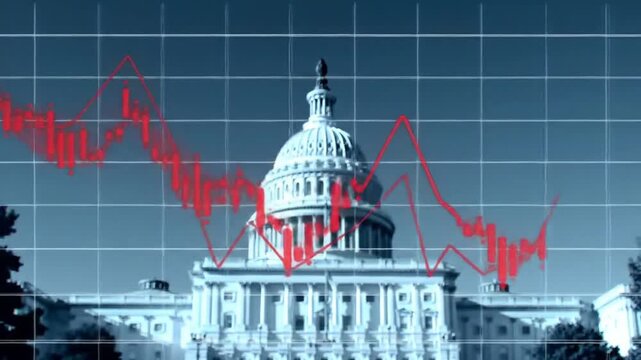 Capitol Building Silhouette with Decreasing Red Graph Lines Against Grid In Blue