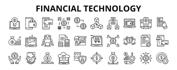 30 Financial Technology Line Icons Vector - Digital Payment, Mobile Banking, Cryptocurrency, Blockchain, Personal Finance App