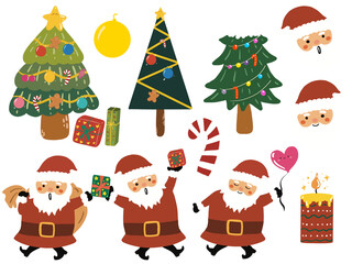 set of christmas elements illustration - santa, gift box, christmas tree