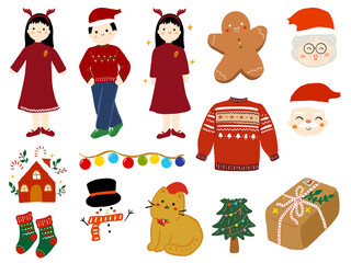 Fototapeta premium set of christmas icons - snowman, ginger, santa, gift box, christmas tree, children