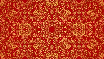 Vibrant red and gold ornamental pattern with intricate swirling motifs, ideal as a lavish background for festive events, traditional designs, or luxurious decor.