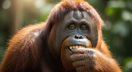 Closeup portrait of an orangutan eating in its natural jungle habitat, showcasing its intelligent eyes and furry face