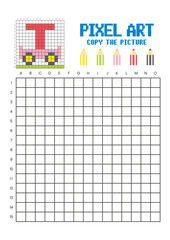 Copy the picture grid drawing worksheet for kids. Pixel art cart and letter T