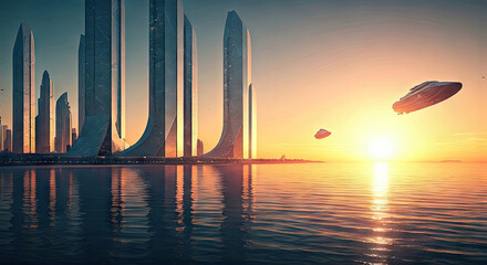 Futuristic Cityscape with Sleek Buildings and Ocean Sunset