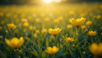 Fototapeta premium sunlit meadow filled with vibrant yellow wildflowers glowing warmly in soft light