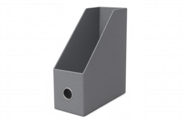 Gray magazine file holder with hole for easy access, isolated on transparent background, ideal for organizing documents