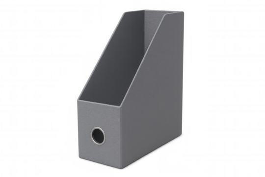 Gray magazine file holder with hole for easy access, isolated on transparent background, ideal for organizing documents