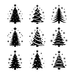 Obraz premium Nine Stylish Black and White Christmas Tree Icons, Festive, Minimalist Design, Perfect for Holiday Branding and Winter Celebrations.