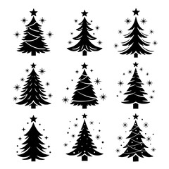 Fototapeta premium Nine Stylish Black Silhouette Christmas Trees, Festive, Minimalist Holiday Icons, Perfect for Winter Designs.